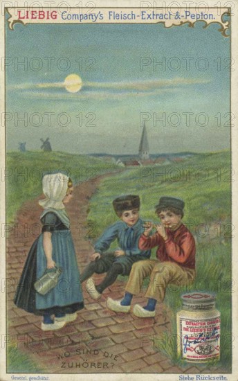 Series of search pictures, Where are the listeners, Liebig picture, digitally restored reproduction of a collector's picture from around 1900, public domain, exact date unknown, children sitting on a path in a peaceful village setting at dusk