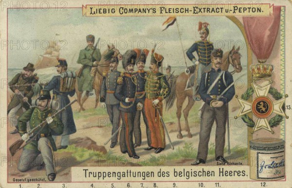 Series of pictures Military units, types of troops of the army of Belgium, Liebig picture, digitally restored reproduction of a collection picture from ca 1900, public domain, exact date unknown, Belgian soldiers in uniforms on horseback and on foot in front of a sea scenery, flanked by decorations