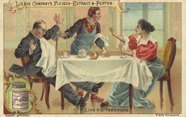 Picture series Scenes from everyday life, A coffee crisis, Waiter pours coffee on the guest, Liebig picture, digitally restored reproduction of a collector's picture from ca 1900, public domain, exact date unknown, Two people react with surprise when the waiter spills coffee