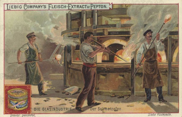 Picture series The Glass Industry, The Melting Furnace, Liebig picture, digitally restored reproduction of a collector's picture from ca 1900, public domain, exact date unknown, glass workers blowing glass in an industrial environment with melting furnaces