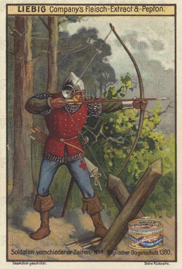 Picture series Soldiers of different times, archer around 1380 in England, Liebig picture, digitally restored reproduction of a collector's picture from around 1900, public domain, exact date unknown, A medieval archer takes aim in the forest. Historical atmosphere