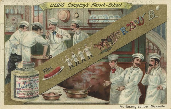 Picture series picture puzzle, many cooks, Liebig picture, digitally restored reproduction of a collector's picture from around 1900, public domain, exact date unknown, A group of cooks working intensively on a large meal in a kitchen