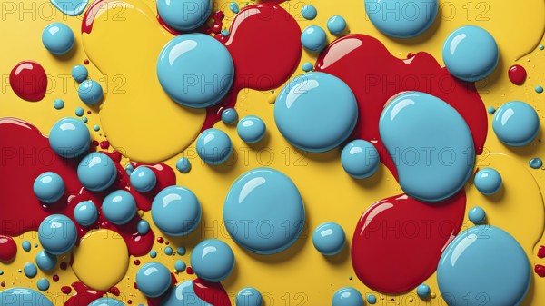 Abstract image with vibrant blue and red blobs and liquid shapes on a yellow background, AI generated