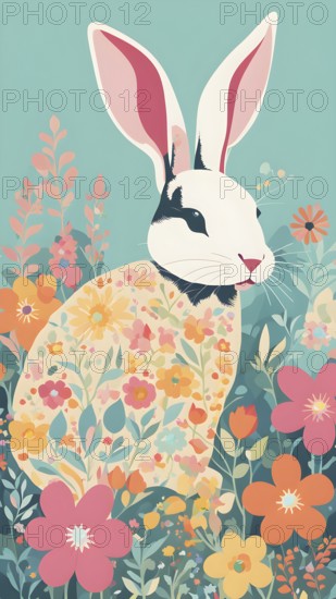 Abstract illustration of a bunny silhouette filled with a collage of spring flowers and vivid pastel colors, set against a soft background, AI generated