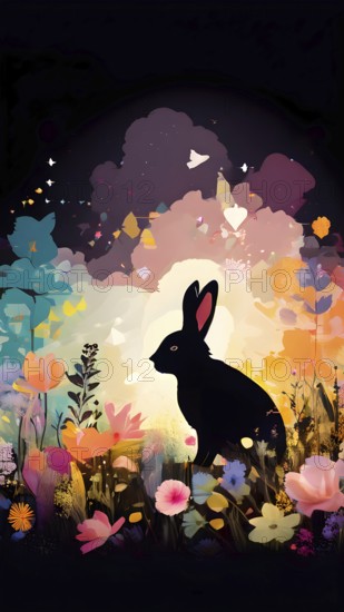 Abstract illustration of a bunny silhouette filled with a collage of spring flowers and vivid pastel colors, set against a soft background, AI generated