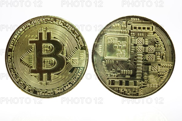 Bitcoin, cryptocurrency, symbol coin, optical placeholder for the digital currency, front and back, symbol of the blockchain