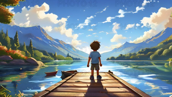 Cartoon vector illustration of a teen boy at a tranquil mountain lake, AI generated