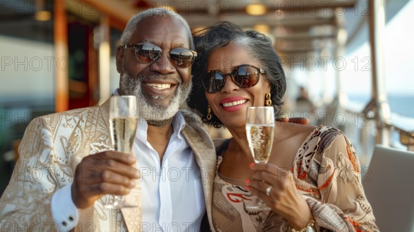 African american couple enjoying cocktails on the deck of a luxury cruise ship. generative AI, AI generated