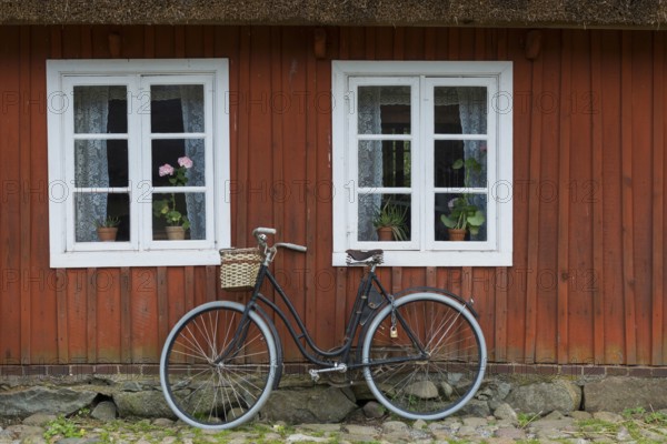 Old wooden window and bicycle, ladies bicycle, farmhouse, decoration, window, historic, old, old, mullioned window, decorated, lovely, antique, rural, historical, country life, facade, curtains, idyll, idyllic, dilapidated, weathered, tradition, traditional, Swedish, Scandinavian, farm, farmhouse, Scandinavia, Sweden, Europe