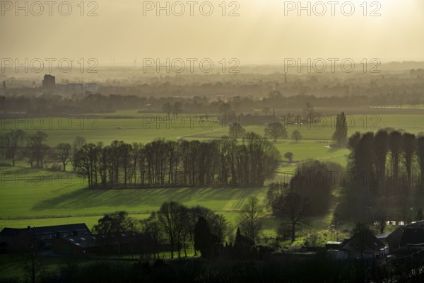 View from the Norddeutschland spoil tip in Neukirchen-Vluyn, a mining spoil tip, today a landscape park, view over the Lower Rhine landscape to the southwest, North Rhine-Westphalia, Germany, Europe