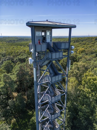 Fire watch tower on the Rennberg, near Flaesheim, Haltern am See, in the Haard forest area, one of 3 fire watch towers in the region, manned from April to October in dry weather conditions, part of the fire monitoring system, North Rhine-Westphalia, Germany, Europe