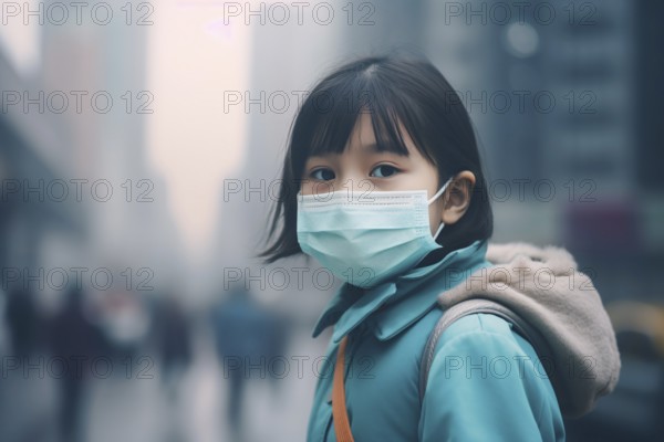 Young Asian woman with medical face mask protecting her from air pollution with blurry city covered in gray smog in background. KI generiert, generiert AI generated