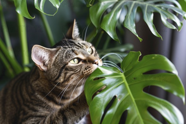 Curious cat trying to eat tropical Monstera houseplant. KI generiert, generiert, AI generated