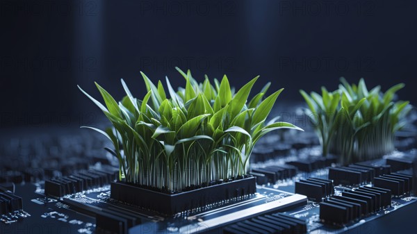 Plant growing on a computer chip representing digital ecology business, AI generated