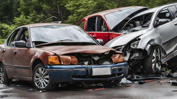 Close-up of damaged car wrecks after a road accident, AI generated