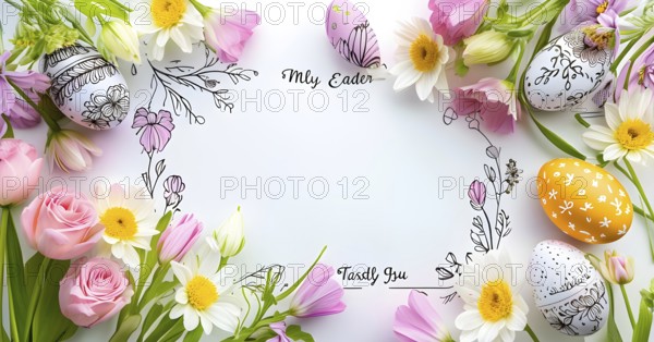 Easter card with delicate hand-drawn illustrations, placed among fresh flowers and decorated eggs, empty space for text, AI generated