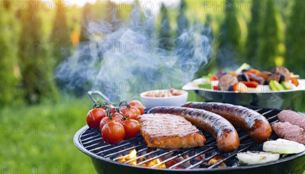 Food, barbecue, barbecue in the garden, meat and sausages on the barbecue, AI generated, AI generated