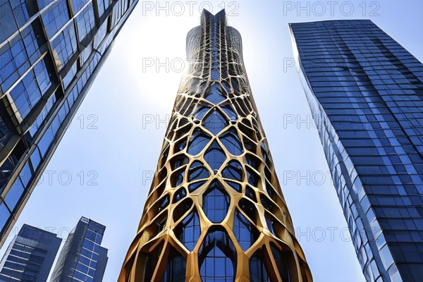 Futuristic skyscraper with termite mounds for natural ventilation and energy efficiency, AI generated