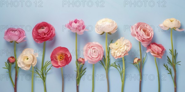 Summer flowers in a row on blue background. KI generiert, generiert, AI generated