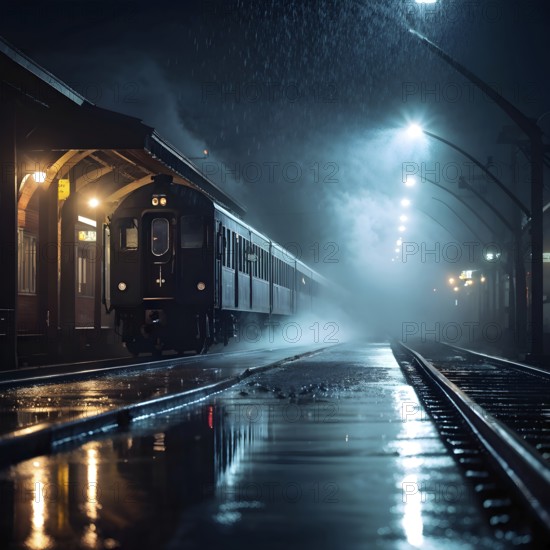 Nighttime train wash in a misty depot with water spray, AI generated