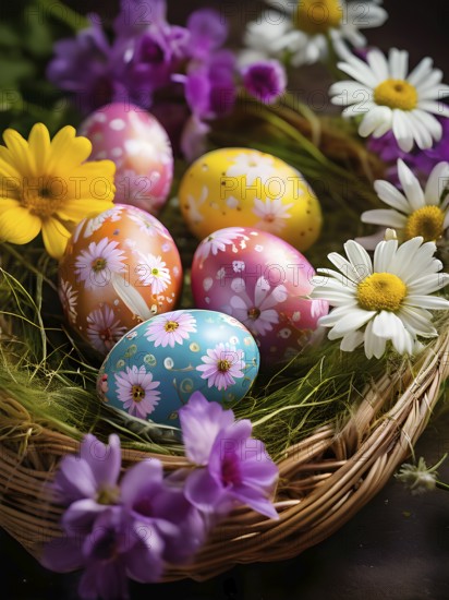 Vibrant-colored Easter eggs in a wicker basket, surrounded by delicate spring flowers, AI generated