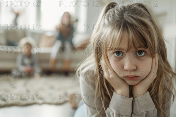 Young stressed girl child with sibling in blurry background. Generative ai, AI generated