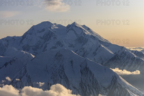 Aerial view of Mount Denali against the light, evening, Alaska Range, Alaska, USA, North America