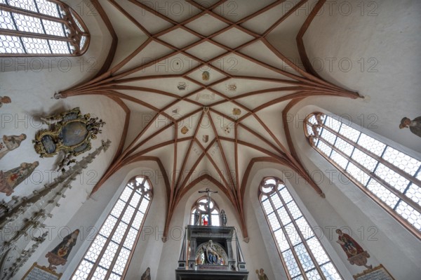 Gothic net vault from 1488 in the choir, St Mary's Church, Kalbensteinberg, Middle Franconia, Bavaria, Germany, Europe