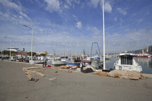 Fishing boats with fishing nets and accessories at the quay, cutter, boats, seafaring, harbour, Toulon, Var, Provence, France, Europe