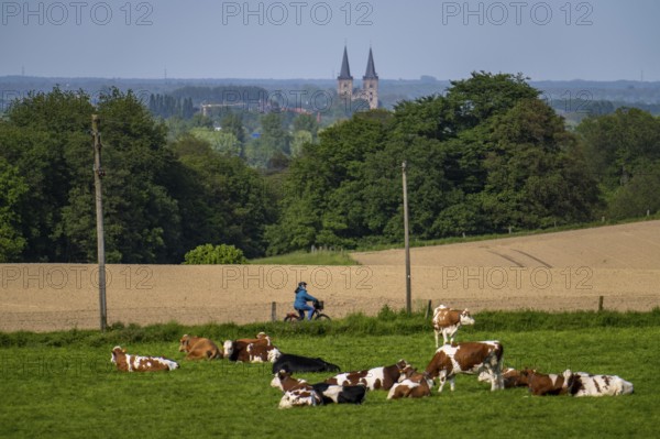 Sonsbecker Schweiz, part of the Lower Rhine mountain range, an end moraine pushed up during the last glacial period, 87 metres above sea level, view from Dürsberg towards Xanten, North Rhine-Westphalia, Germany, Europe