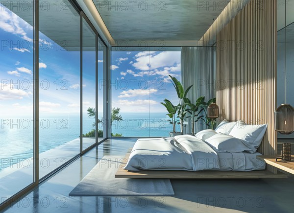 Luxury condo facing scenic ocean view and a beach, AI generated