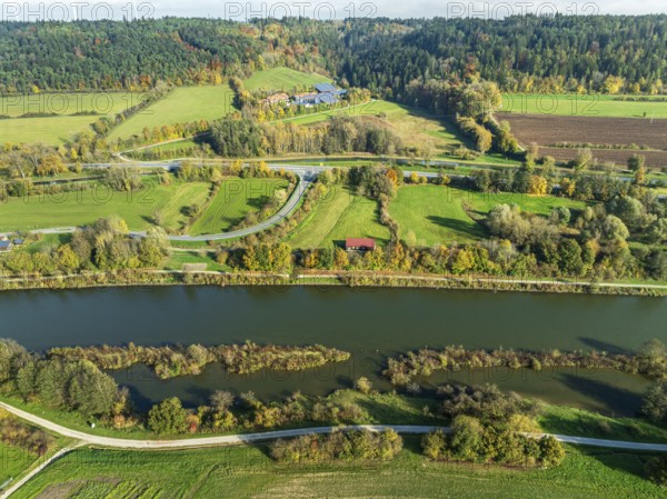 Aerial view of Main-Donau Kanal, near village Plankstetten, fields and meadows, Berching, Bavaria, Germany, Europe