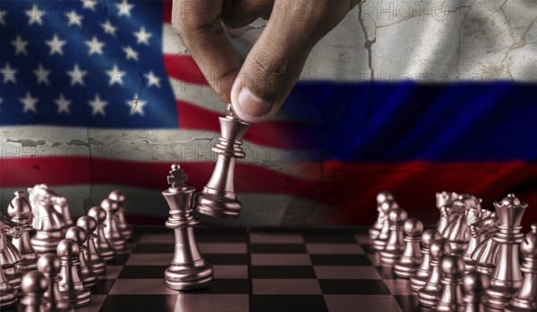 Political tension between Russia and USA. Russia vs USA flag on chessboard