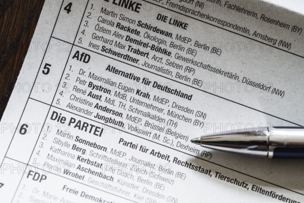 Afd, candidates Maximilian Krah and Petr Bystron, ballot paper, ballot paper for the 2024 European elections in Germany