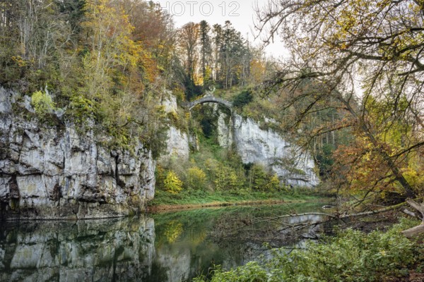 Built in 1895, the Devil's Bridge above the Danube, a striking sight in Inzigkofen Princely Park, leads over the almost 20 metre deep Höllschlucht gorge, Danube valley, Sigmaringen district, Baden-Württemberg, Germany, Europe