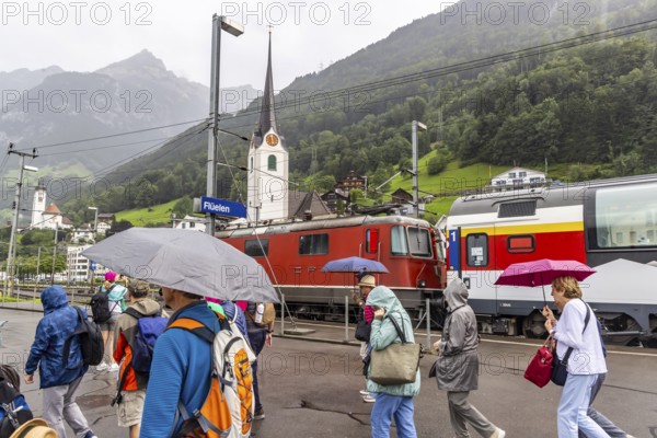 Gotthard Panorama Express, tourist train of the Swiss Federal Railways on the Gotthard railway. Flüelen, Canton of Uri, Switzerland, Europe