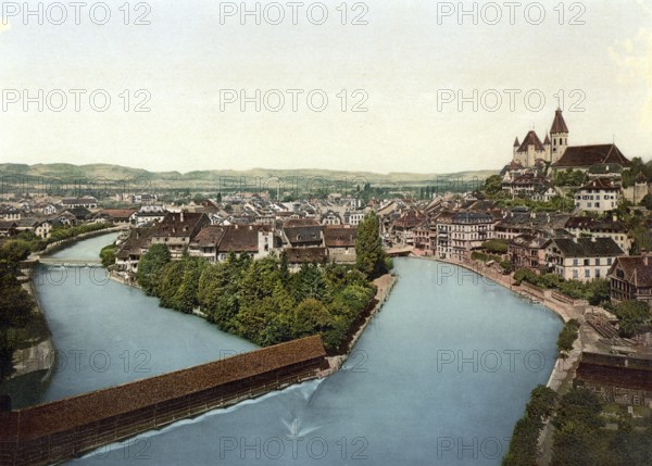 Thun und Aare, Bernese Oberland, Switzerland, Historic, digitally restored reproduction from a 19th century original, Record date not stated, Thun and Aare River, Bernese Oberland, Switzerland, Historic, digitally restored reproduction from a 19th century original, Record date not stated, Europe