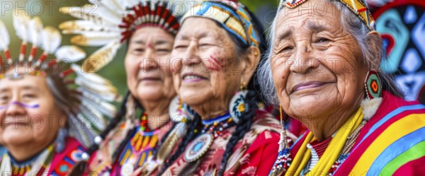 Smiling native indigenous people of Canada dressed in colorful native clothes, AI generated