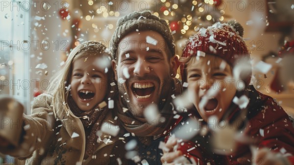 Young happy family laughing together on christmas morning amongst the confetti and wrapping paper they threw in the air. generative AI., AI generated