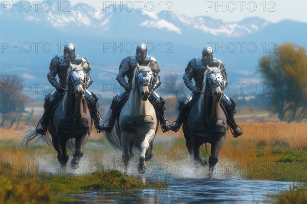 Cyborg soldiers in full battle armor riding white horses in water, AI generated