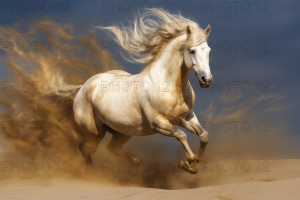 White horse with flamboyant mane galloping in sand, AI generated