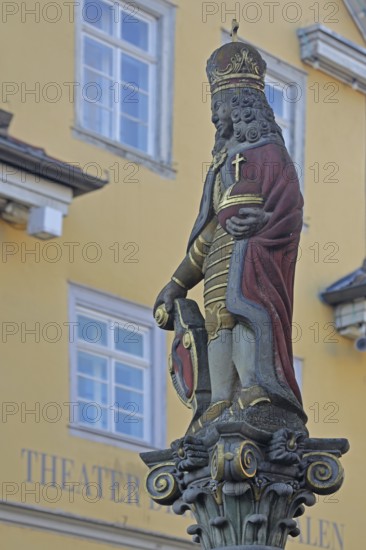 Emperor Joseph Fountain and Monument to Joseph I and Theatre of the City of Aalen, German with emperor with coat of arms orb, cross and crown, HRR, sculpture, market fountain, market square, Aalen, Swabian Alb, Baden-Württemberg, Germany, Europe