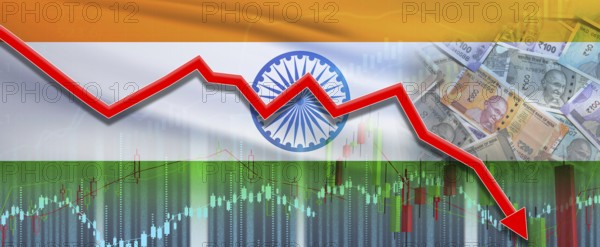 India financial crisis on economic graph, economic collapse. Financial fall of India economy on financial graph