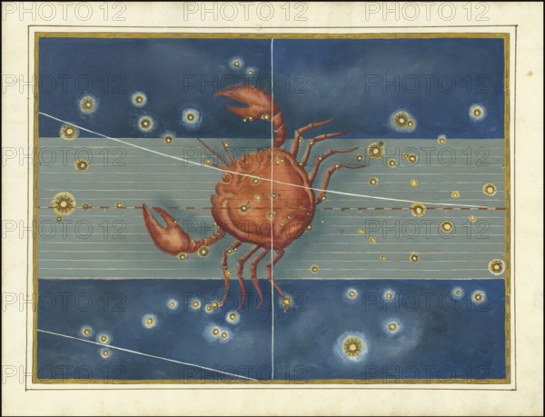 Astronomy. The Celestial Atlas, the Uranometria, Ptolemaic constellations, by Johann Bayer (1572 - 7 March 1625), German astronomer, Cancer, Cancer, a constellation on the ecliptic, digitally enhanced reproduction of a historical model