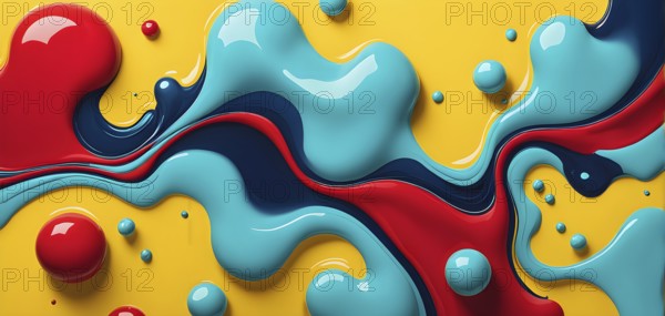 Abstract image with vibrant blue and red blobs and liquid shapes on a yellow background, AI generated