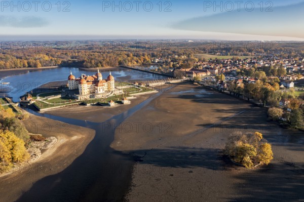 Aerial view of lake and castle Moritzburg near Dresden, autumn colors, Germany, Europe