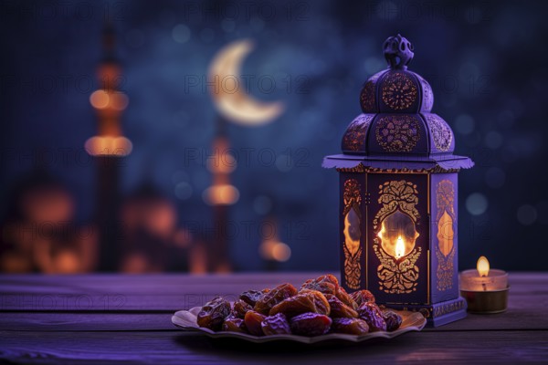 Ramadan lantern with a plate of succulent figs in violet purple tones with mosque and moon, set on an ornate table with intricate designs. Rich traditions and serene moments of the holy month Ramadan, AI generated