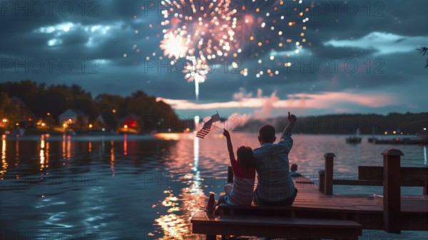 Friends and family enjoying the summer holiday fireworks on the lake. generative AI, AI generated