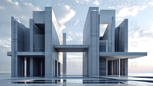 Minimalistic grey colored architecture in geometric adorned structures against a surreal backdrop, AI generated