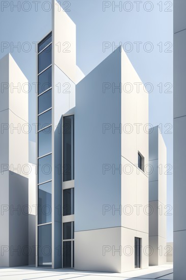 Minimalist architectural composition of modern buildings, with clean angles, rendered in geometric forms and soft hues of grey, cream, and light blue, AI generated